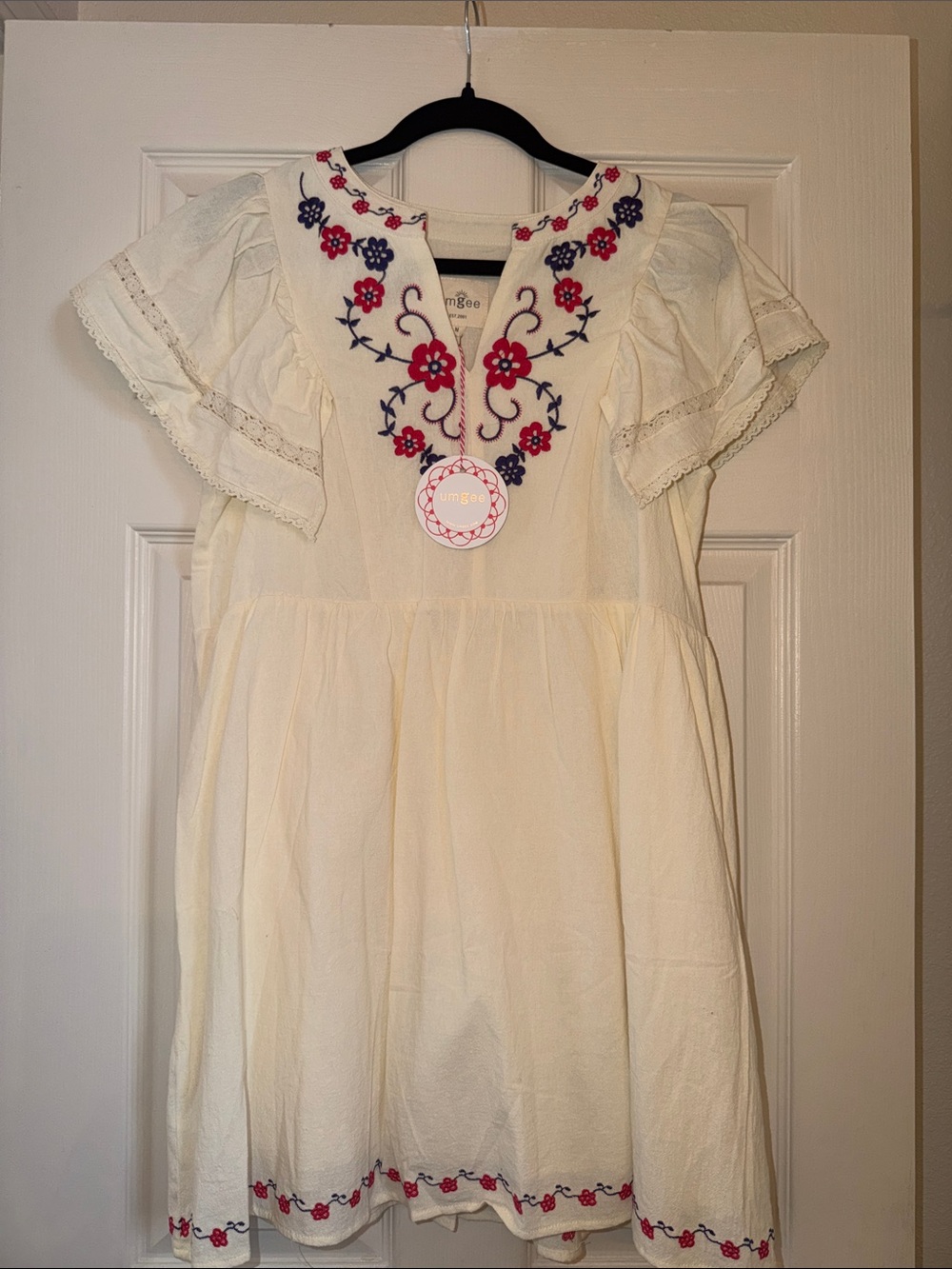 Women’s Cream double lined Dress with Pink & Navy Floral Embroidery